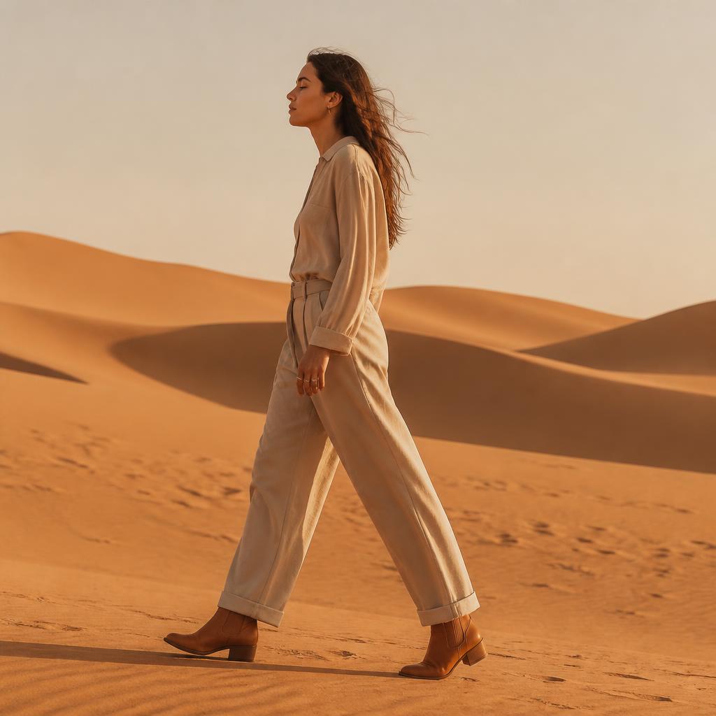 Warm leather boots on a desert path at golden hour